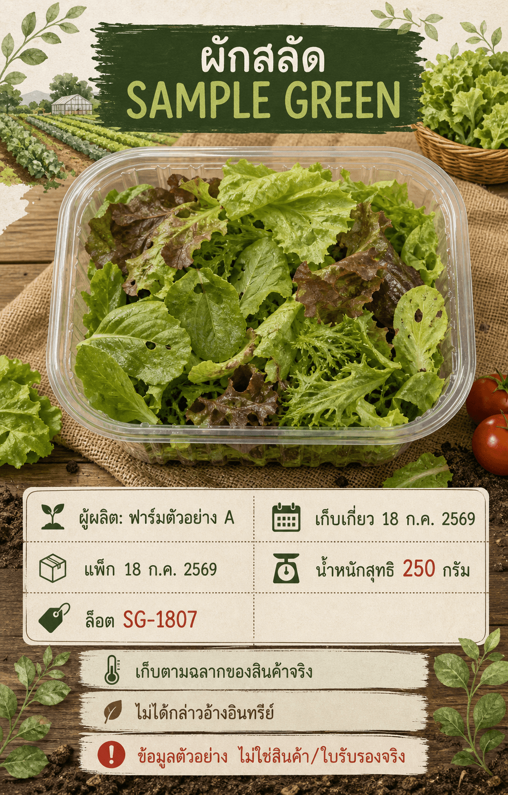 การ์ดผักสลัด SAMPLE GREEN พร้อมวันเก็บ แพ็ก น้ำหนัก และล็อตตัวอย่าง