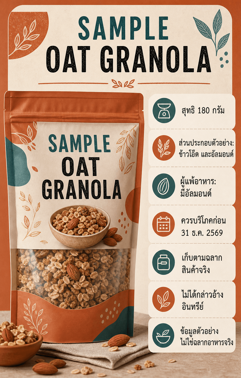 ภาพแพ็ก SAMPLE OAT GRANOLA พร้อมปริมาณ ส่วนประกอบ ข้อมูลแพ้ และวันที่ตัวอย่าง