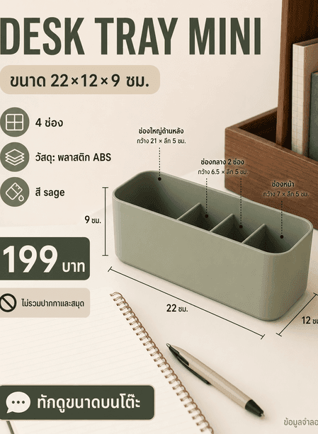 การ์ด DESK TRAY MINI พร้อมมิติ ช่องใส่ วัสดุ สี ราคา สิ่งที่ไม่รวม และ CTA