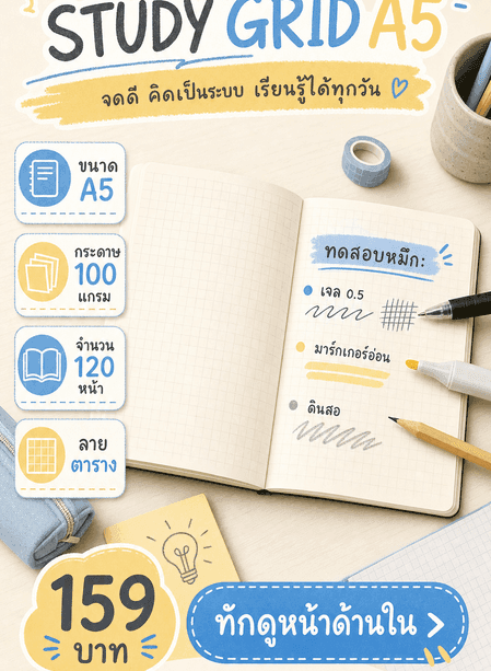 การ์ด STUDY GRID A5 แสดงขนาด แกรม จำนวนหน้า ลายตาราง ผลทดลองเขียน ราคา และ CTA