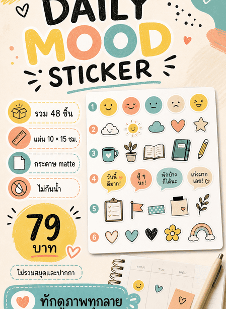 โปสเตอร์ DAILY MOOD STICKER พร้อมจำนวนชิ้น ขนาด วัสดุ ราคา สิ่งที่ไม่รวม และ CTA
