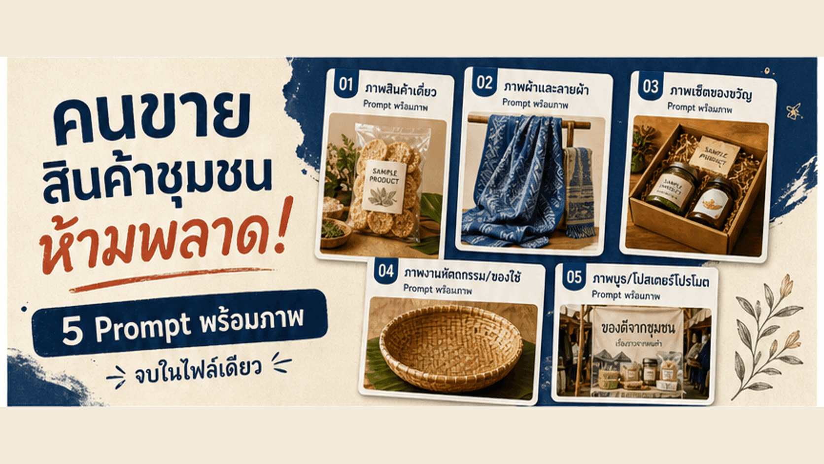 คนขายสินค้าชุมชนห้ามพลาด! 5 Prompt พร้อมภาพ ที่มา วัสดุ ราคา โปร และ CTA จบในไฟล์เดียว