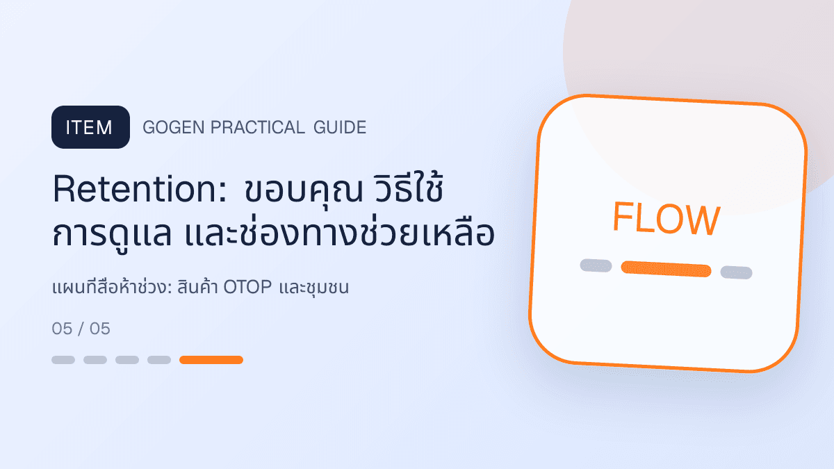 แผนที่สื่อห้าช่วงสำหรับสินค้า OTOP และชุมชน แสดงอาหาร งานฝีมือ และผลิตภัณฑ์ท้องถิ่นในสไตล์จริงใจ ร่วมสมัย และรักษาอัตลักษณ์: Retention: ขอบคุณ วิธีใช้ การดูแล และช่องทางช่วยเหลือ