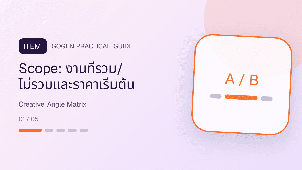 เมทริกซ์ creative angle ผู้รับเหมา 5 แบบ พร้อมหลักฐานและ CTA ที่แตกต่างกัน: Scope: งานที่รวม/ไม่รวมและราคาเริ่มต้น
