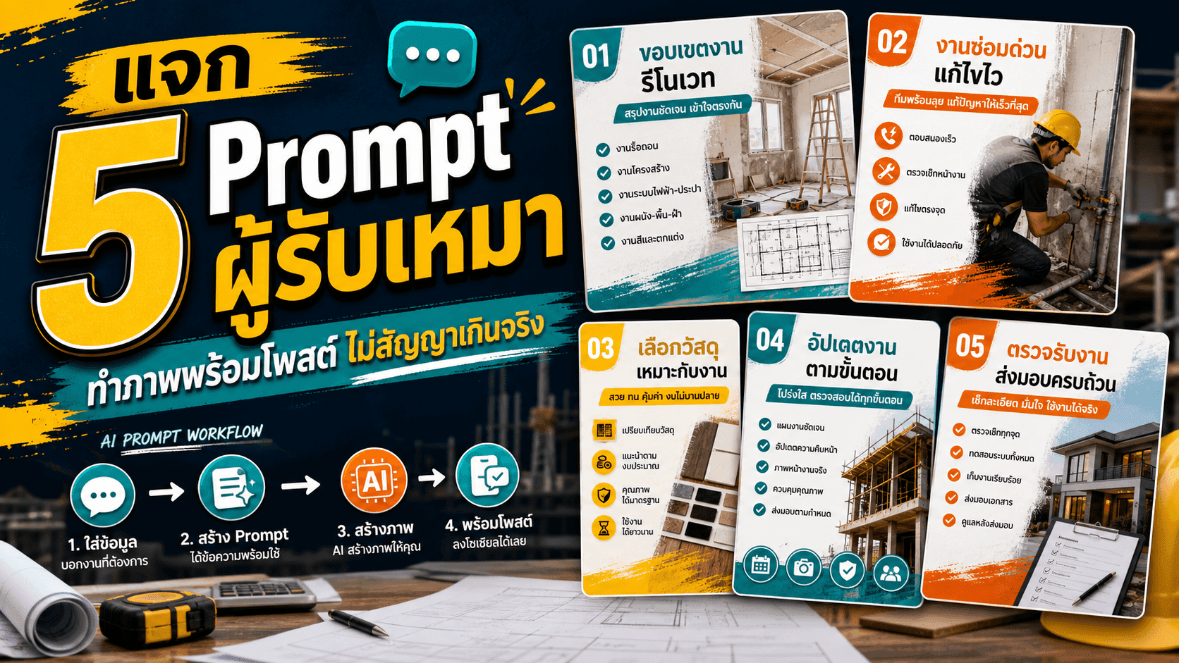แจก 5 Prompt ผู้รับเหมา! ทำภาพพร้อมโพสต์เรื่องรีโนเวต ซ่อมด่วน วัสดุ งวดงาน และตรวจรับ