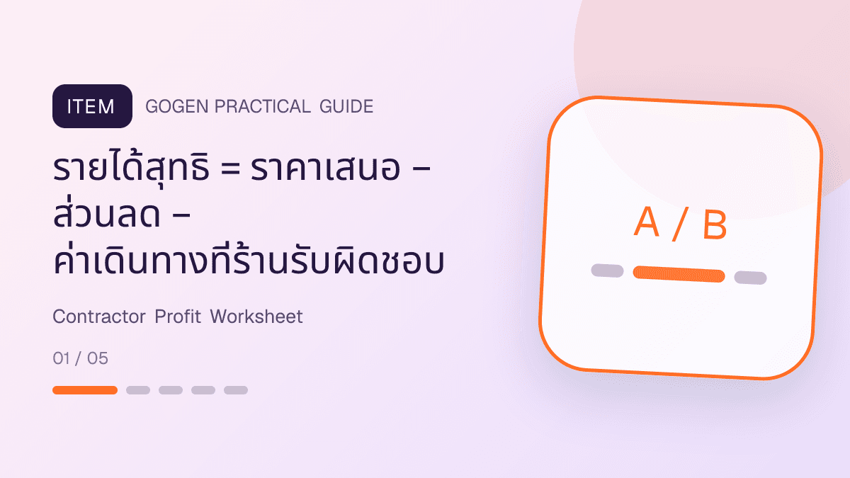 ตารางคำนวณกำไรแคมเปญผู้รับเหมาจากค่าแรง วัสดุ เครื่องมือ ขนส่ง รื้อถอน แก้งาน และค่าโฆษณา: รายได้สุทธิ = ราคาเสนอ − ส่วนลด − ค่าเดินทางที่ร้านรับผิดชอบ