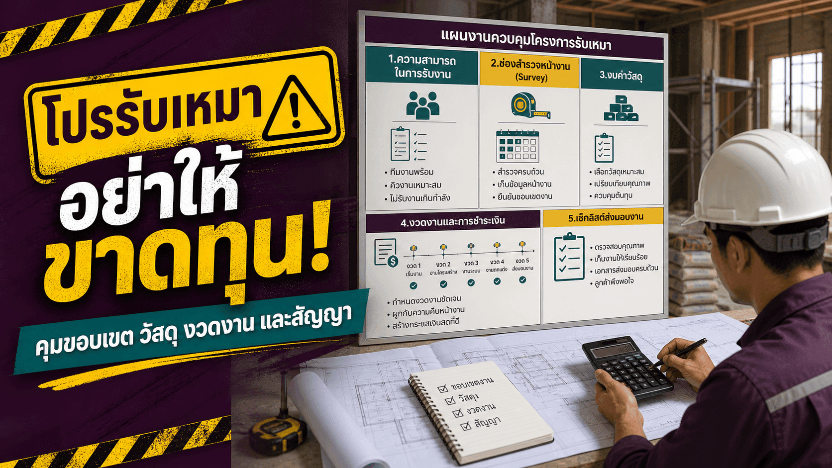 โปรรับเหมาอย่าให้ขาดทุน! แผนแคมเปญที่คุมขอบเขต วัสดุ งวดงาน และสัญญา