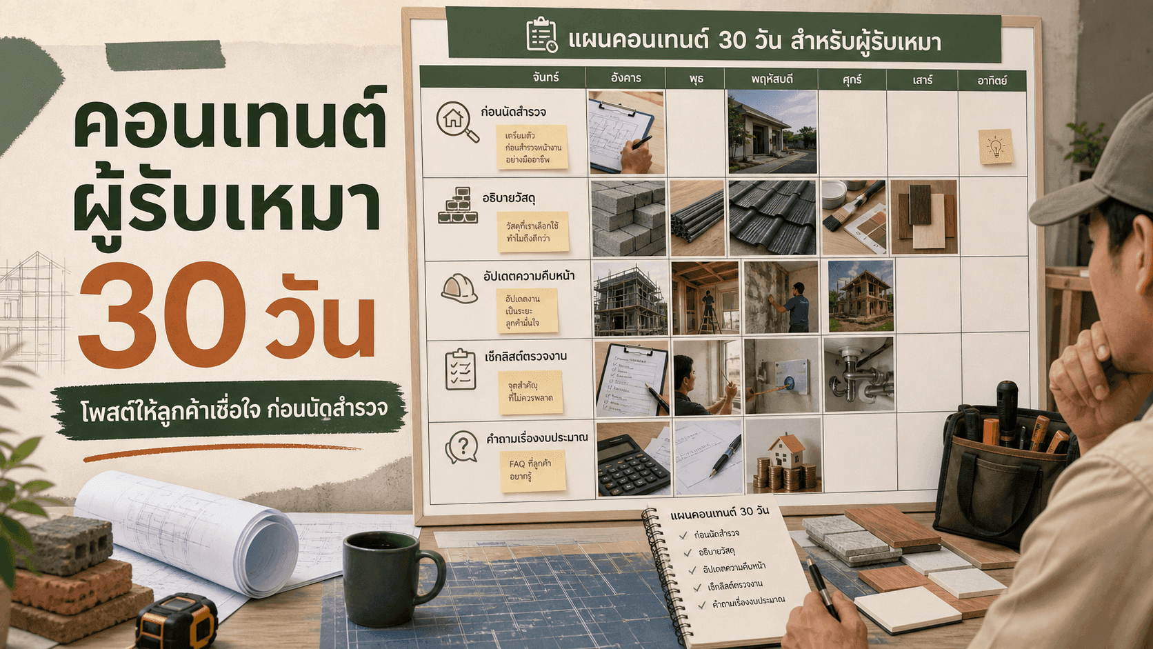 คอนเทนต์ผู้รับเหมา 30 วัน! โพสต์ให้ลูกค้าเชื่อใจก่อนนัดสำรวจ ไม่ใช่อวดบ้านสวยอย่างเดียว