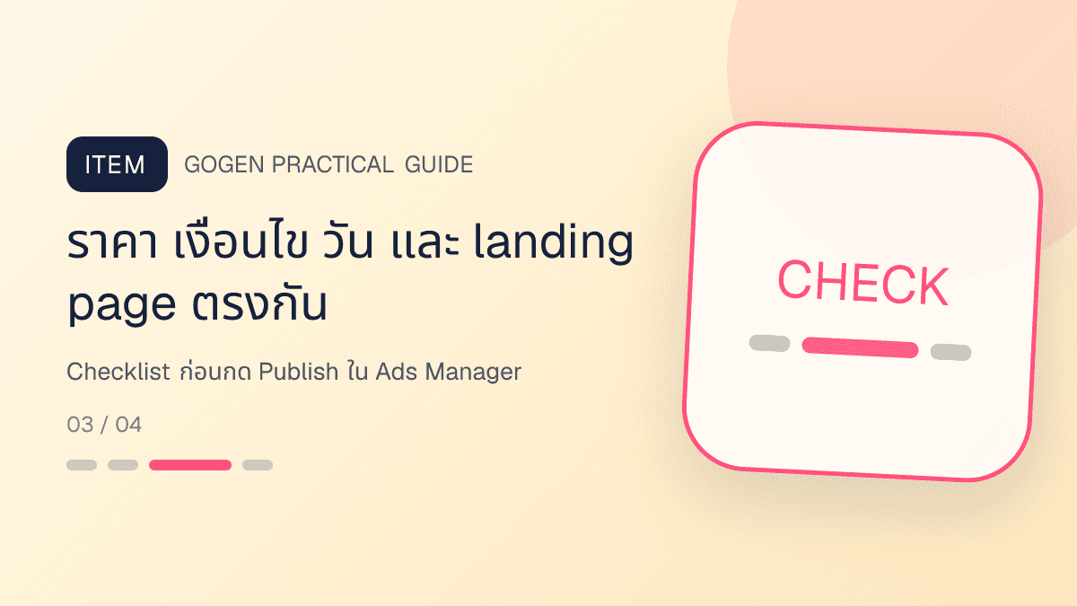 ภาพประกอบ Checklist ก่อนกด Publish ใน Ads Manager สำหรับขนาดภาพโฆษณา Facebook ปี 2026: ราคา เงื่อนไข วัน และ landing page ตรงกัน