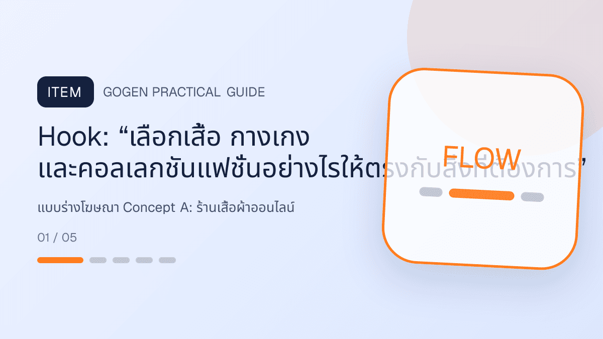 แบบร่างโฆษณา Concept Aสำหรับร้านเสื้อผ้าออนไลน์ แสดงเสื้อ กางเกง และคอลเลกชันแฟชั่นในสไตล์ร่วมสมัย เห็นเนื้อผ้าชัด และคงบุคลิกแบรนด์: Hook: “เลือกเสื้อ กางเกง และคอลเลกชันแฟชั่นอย่างไรให้ตรงกับสิ่งที่ต้องการ”