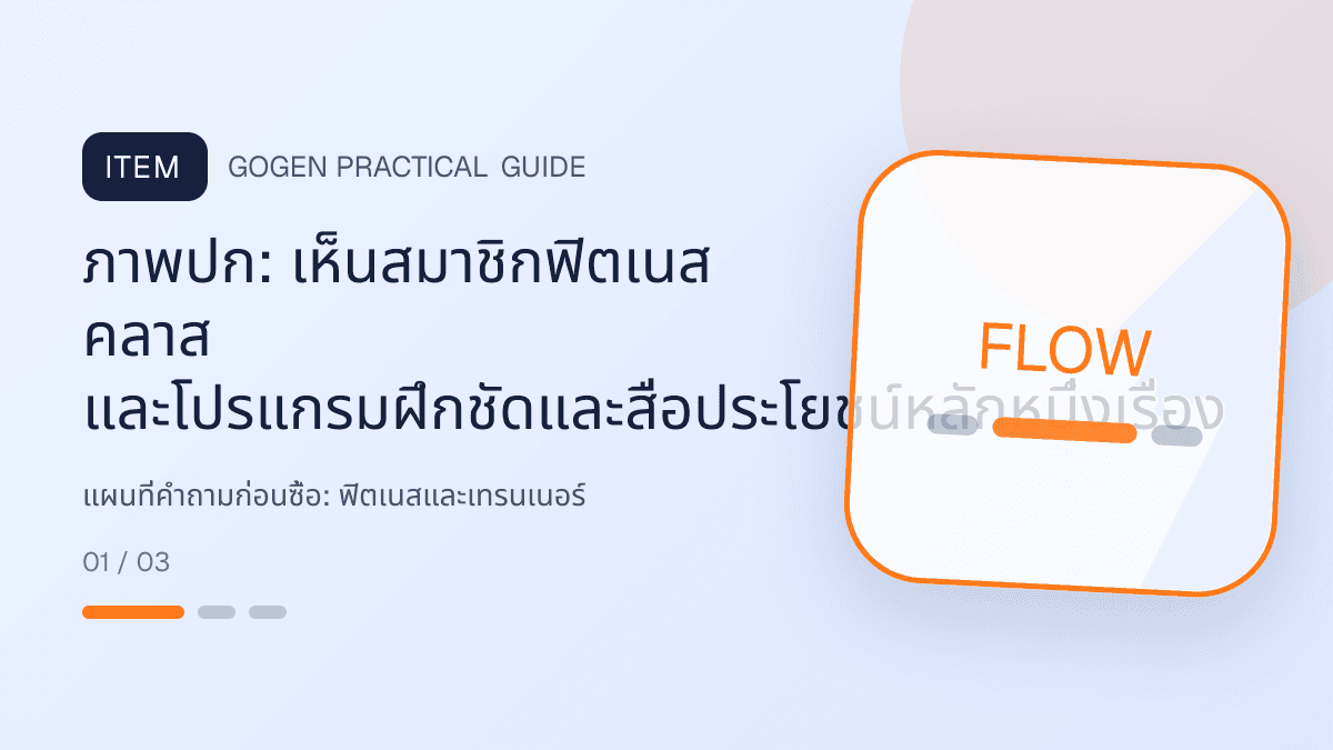แผนที่คำถามก่อนซื้อสำหรับฟิตเนสและเทรนเนอร์ แสดงสมาชิกฟิตเนส คลาส และโปรแกรมฝึกในสไตล์มีพลัง เข้าถึงได้ และปลอดภัย: ภาพปก: เห็นสมาชิกฟิตเนส คลาส และโปรแกรมฝึกชัดและสื่อประโยชน์หลักหนึ่งเรื่อง