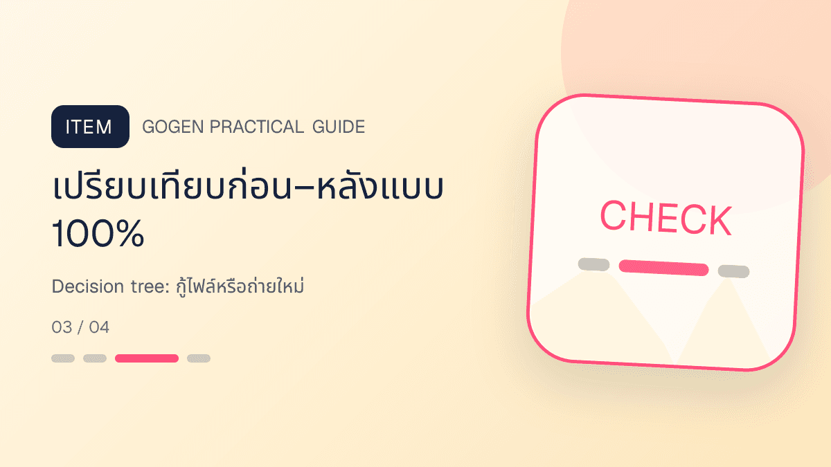 ภาพประกอบ Decision tree: กู้ไฟล์หรือถ่ายใหม่ สำหรับแก้รูปสินค้าเบลอให้คมชัดก่อนลงขาย: เปรียบเทียบก่อน–หลังแบบ 100%