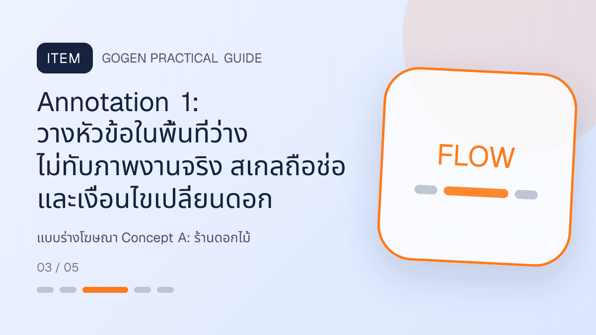 แบบร่างโฆษณา Concept Aสำหรับร้านดอกไม้ แสดงช่อดอกไม้ กระเช้า และงานจัดดอกไม้ในสไตล์ละเมียด สดชื่น และสื่ออารมณ์: Annotation 1: วางหัวข้อในพื้นที่ว่าง ไม่ทับภาพงานจริง สเกลถือช่อ และเงื่อนไขเปลี่ยนดอก