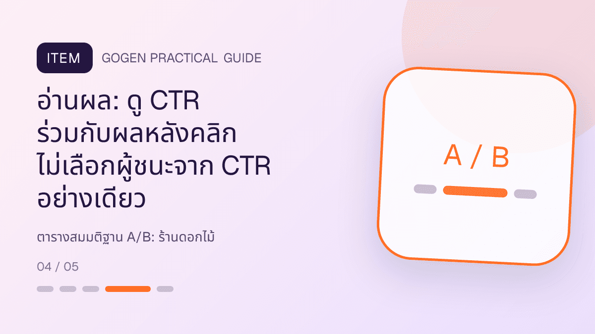 ตารางสมมติฐาน A/Bสำหรับร้านดอกไม้ แสดงช่อดอกไม้ กระเช้า และงานจัดดอกไม้ในสไตล์ละเมียด สดชื่น และสื่ออารมณ์: อ่านผล: ดู CTR ร่วมกับผลหลังคลิก ไม่เลือกผู้ชนะจาก CTR อย่างเดียว