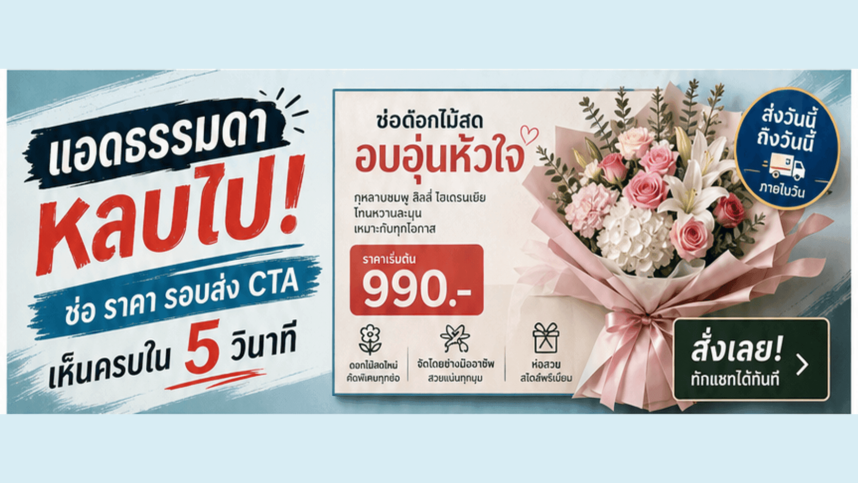 แอดร้านดอกไม้ธรรมดาหลบไป! ทำ Creative ให้คนเห็นช่อ ราคา รอบส่ง และอารมณ์ใน 5 วินาที