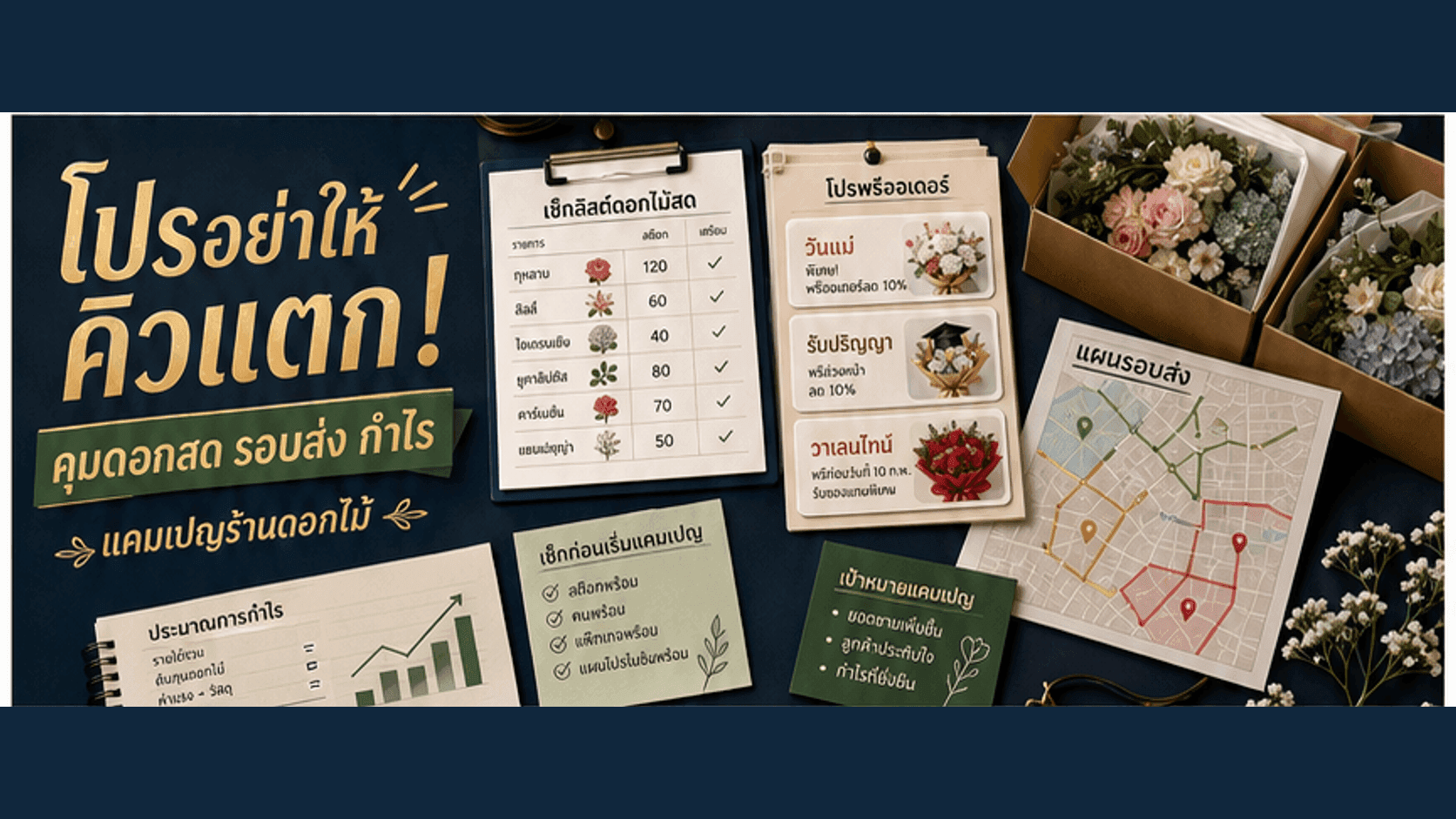 โปรร้านดอกไม้อย่าให้คิวแตก! แผนแคมเปญที่คุมงบ ดอกสด รอบส่ง และกำไรจริง