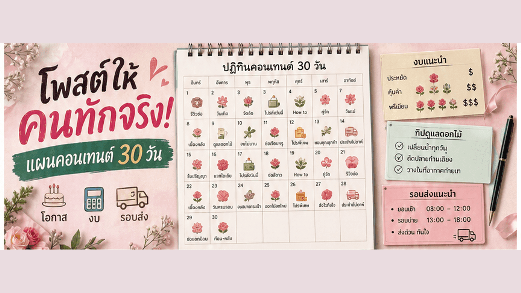 โพสต์ร้านดอกไม้ให้คนทักจริง! แผนคอนเทนต์ 30 วันที่ขายโอกาส งบ รอบส่ง และวิธีดูแล