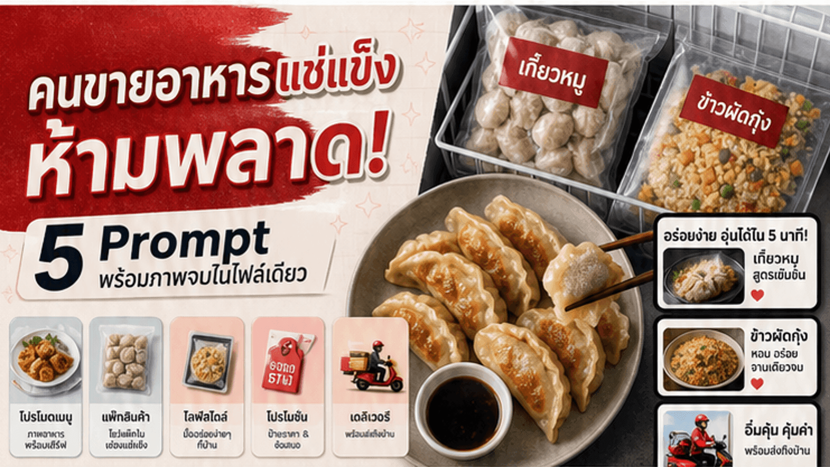 คนขายอาหารแช่แข็งห้ามพลาด! 5 Prompt พร้อมภาพ แพ็ก ฉลาก ราคา วิธีอุ่น และ CTA จบในไฟล์เดียว