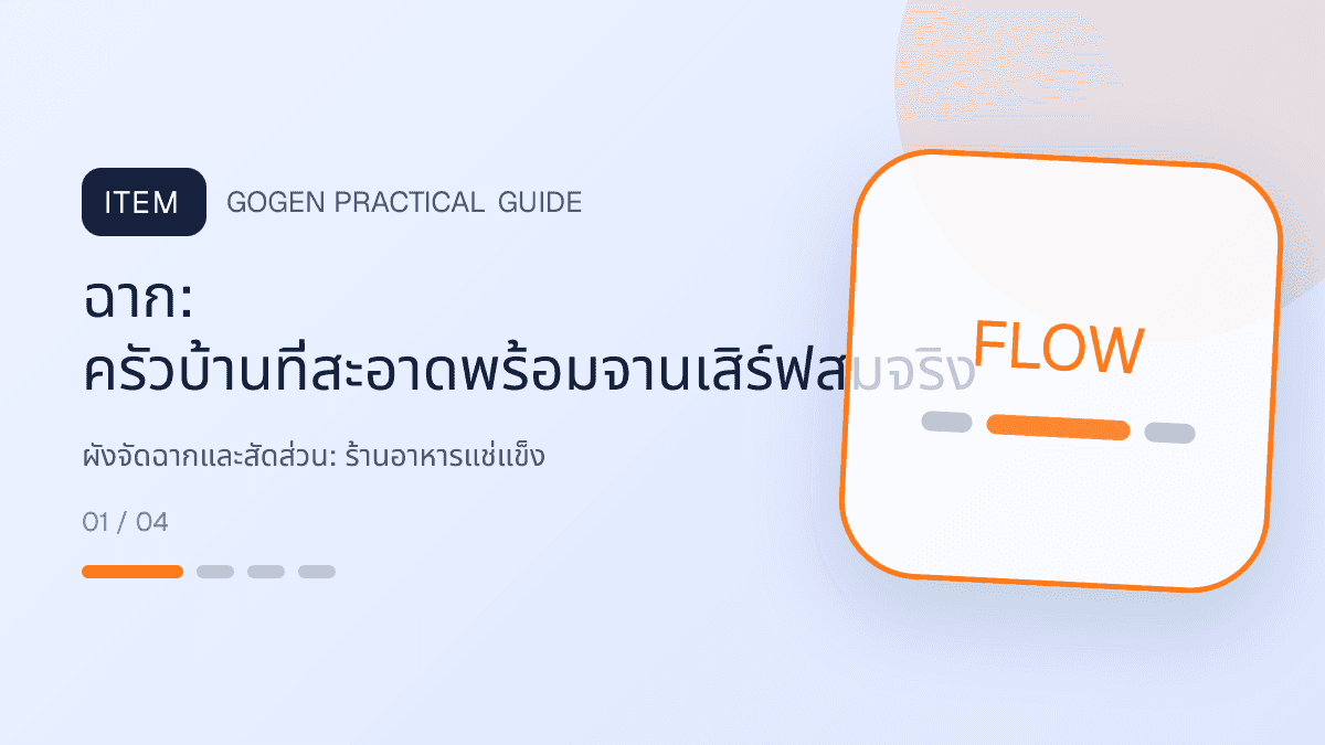 ผังจัดฉากและสัดส่วนสำหรับร้านอาหารแช่แข็ง แสดงอาหารพร้อมปรุง ของแช่แข็ง และชุดสำรองในบ้านในสไตล์น่ากิน สะดวก และอธิบายวิธีใช้ชัด: ฉาก: ครัวบ้านที่สะอาดพร้อมจานเสิร์ฟสมจริง