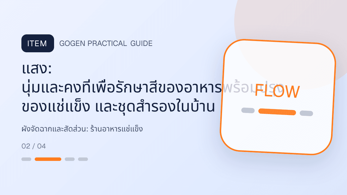 ผังจัดฉากและสัดส่วนสำหรับร้านอาหารแช่แข็ง แสดงอาหารพร้อมปรุง ของแช่แข็ง และชุดสำรองในบ้านในสไตล์น่ากิน สะดวก และอธิบายวิธีใช้ชัด: แสง: นุ่มและคงที่เพื่อรักษาสีของอาหารพร้อมปรุง ของแช่แข็ง และชุดสำรองในบ้าน