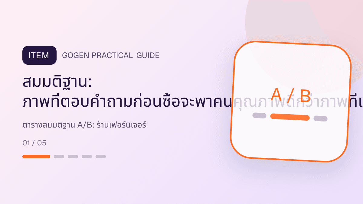 ตารางสมมติฐาน A/Bสำหรับร้านเฟอร์นิเจอร์ แสดงโต๊ะ เก้าอี้ ตู้ และโซฟาในสไตล์แข็งแรง โปร่ง และเน้นงานวัสดุ: สมมติฐาน: ภาพที่ตอบคำถามก่อนซื้อจะพาคนคุณภาพดีกว่าภาพที่เน้นส่วนลด