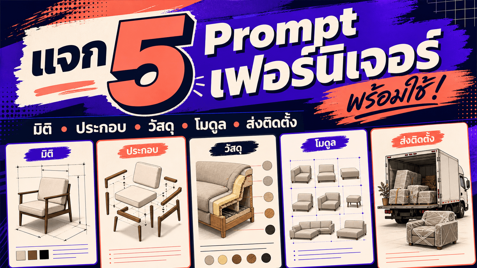 แจก 5 Prompt เฟอร์นิเจอร์พร้อมใช้! เห็นมิติ วัสดุ ประกอบ และส่งติดตั้งครบในภาพเดียว