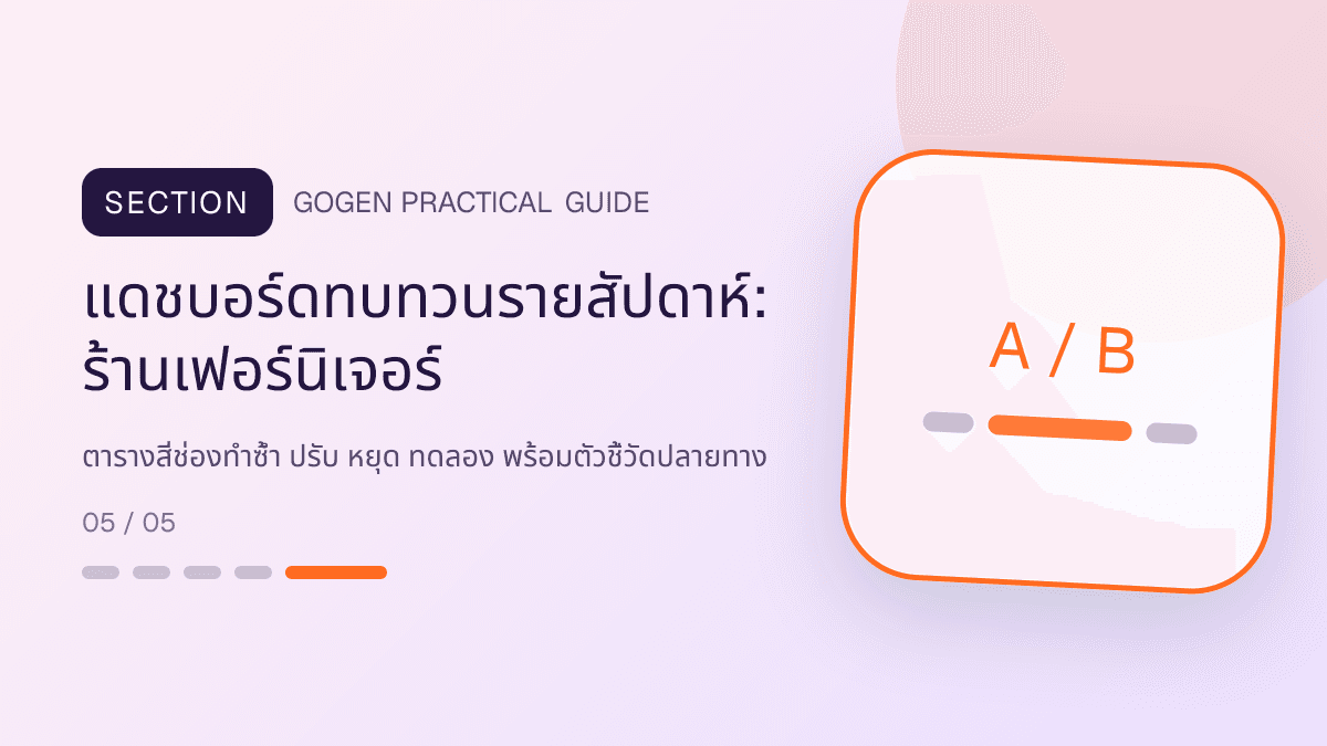 แดชบอร์ดทบทวนรายสัปดาห์สำหรับร้านเฟอร์นิเจอร์ แสดงโต๊ะ เก้าอี้ ตู้ และโซฟาในสไตล์แข็งแรง โปร่ง และเน้นงานวัสดุ