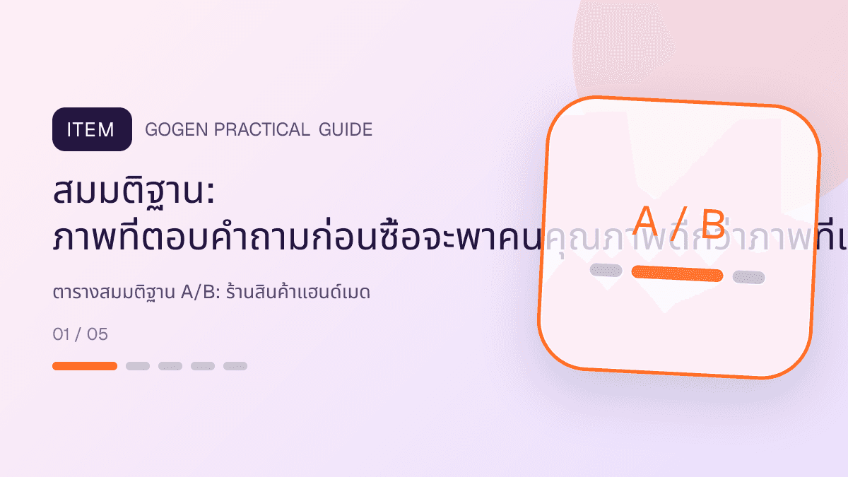 ตารางสมมติฐาน A/Bสำหรับร้านสินค้าแฮนด์เมด แสดงงานฝีมือ ของขวัญ และสินค้าสั่งทำในสไตล์อบอุ่น จริงใจ และเห็นร่องรอยงานฝีมือ: สมมติฐาน: ภาพที่ตอบคำถามก่อนซื้อจะพาคนคุณภาพดีกว่าภาพที่เน้นส่วนลด