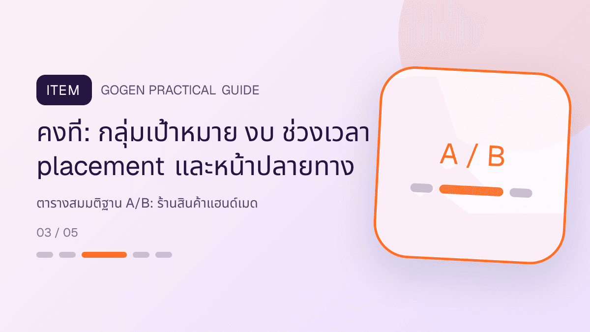 ตารางสมมติฐาน A/Bสำหรับร้านสินค้าแฮนด์เมด แสดงงานฝีมือ ของขวัญ และสินค้าสั่งทำในสไตล์อบอุ่น จริงใจ และเห็นร่องรอยงานฝีมือ: คงที่: กลุ่มเป้าหมาย งบ ช่วงเวลา placement และหน้าปลายทาง