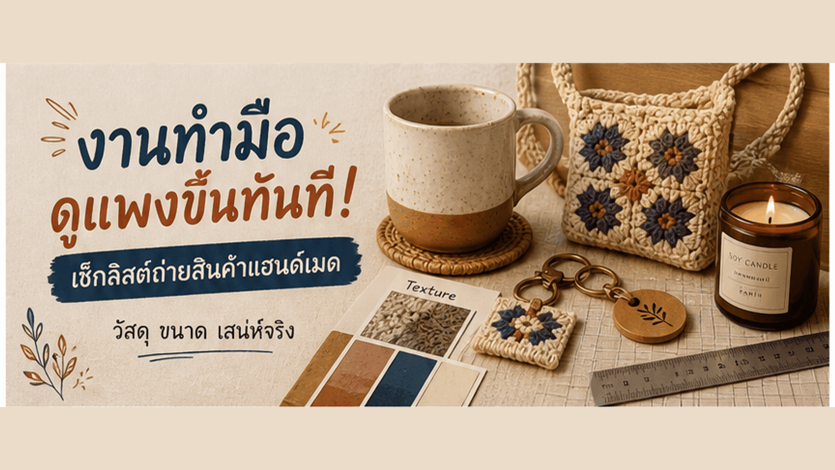 งานทำมือดูแพงขึ้นทันที! เช็กลิสต์ถ่ายสินค้าแฮนด์เมดให้เห็นวัสดุ ขนาด และเสน่ห์จริง
