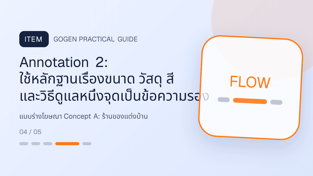 แบบร่างโฆษณา Concept Aสำหรับร้านของแต่งบ้าน แสดงของตกแต่ง โคมไฟ และของใช้ในบ้านในสไตล์อบอุ่น มีรสนิยม และเห็นสัดส่วนชัด: Annotation 2: ใช้หลักฐานเรื่องขนาด วัสดุ สี และวิธีดูแลหนึ่งจุดเป็นข้อความรอง