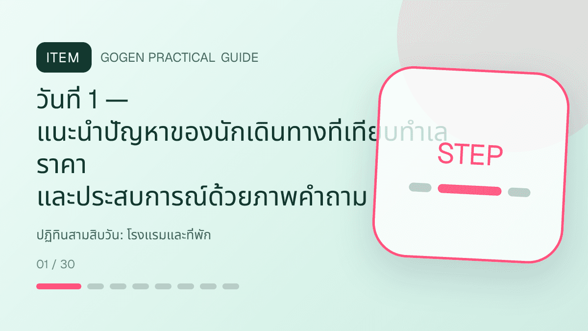 ปฏิทินสามสิบวันสำหรับโรงแรมและที่พัก แสดงห้องพัก แพ็กเกจ และสิ่งอำนวยความสะดวกในสไตล์เชื้อเชิญ สมจริง และสะท้อนเอกลักษณ์ที่พัก: วันที่ 1 — แนะนำปัญหาของนักเดินทางที่เทียบทำเล ราคา และประสบการณ์ด้วยภาพคำถาม