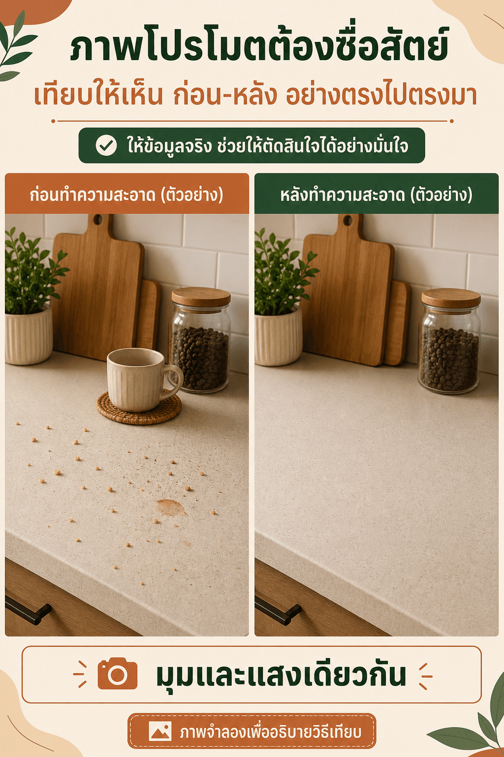 เคาน์เตอร์ครัวจำลองก่อนและหลังทำความสะอาดในมุมและแสงเดียวกัน พร้อมป้ายว่าภาพเป็นตัวอย่าง