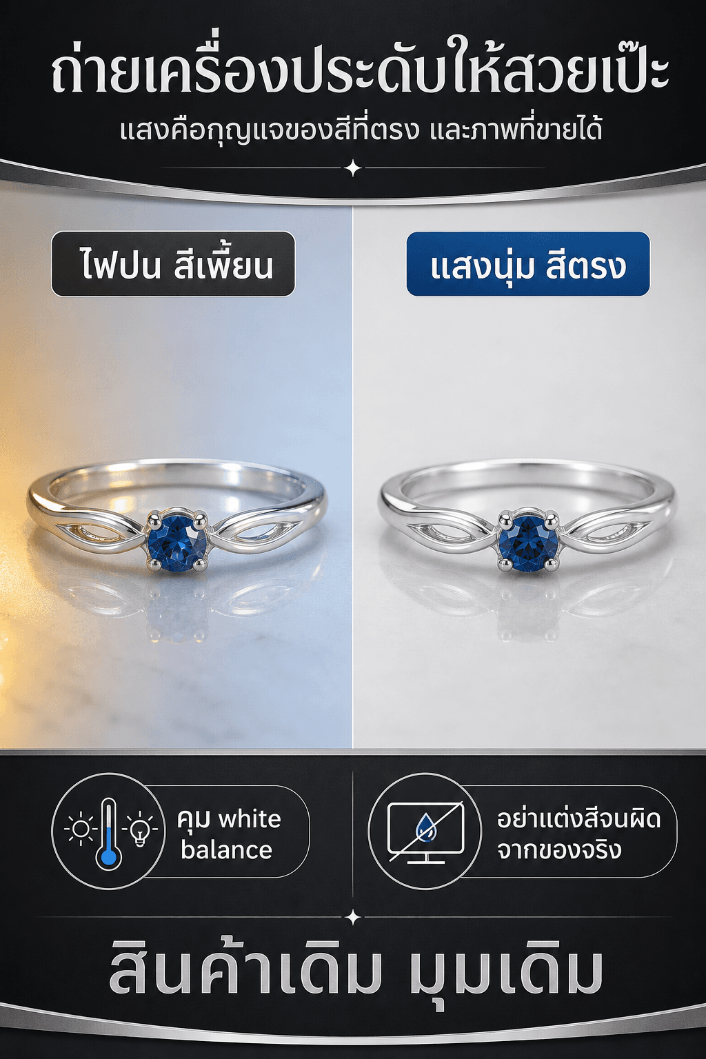 แหวนเงินพลอยสีน้ำเงินวงเดิมเปรียบเทียบไฟปนสีเพี้ยนกับแสงนุ่มสีตรง