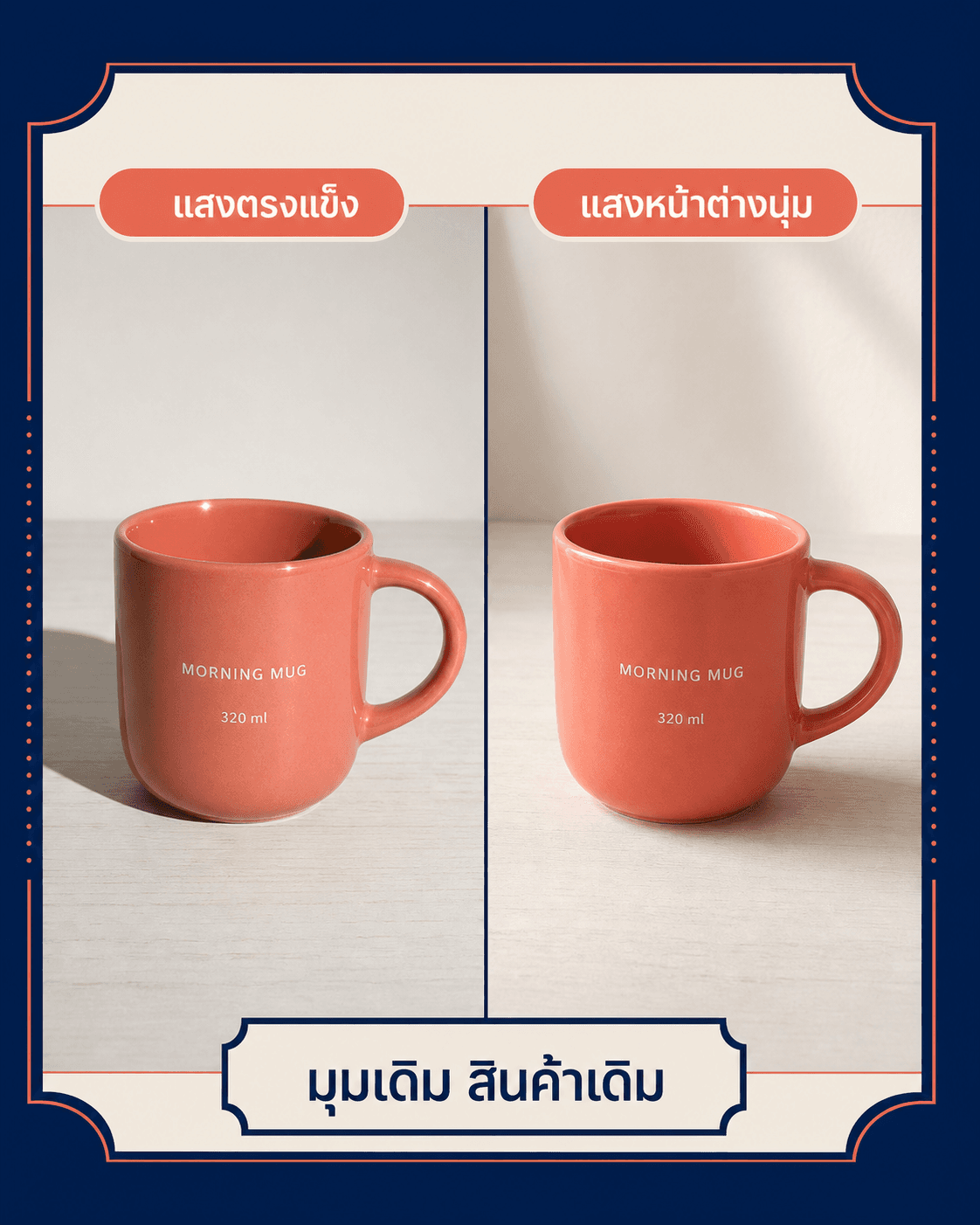 ภาพแก้ว Morning Mug ใบเดิมเปรียบเทียบแสงตรงแข็งกับแสงหน้าต่างนุ่มในมุมเดียวกัน