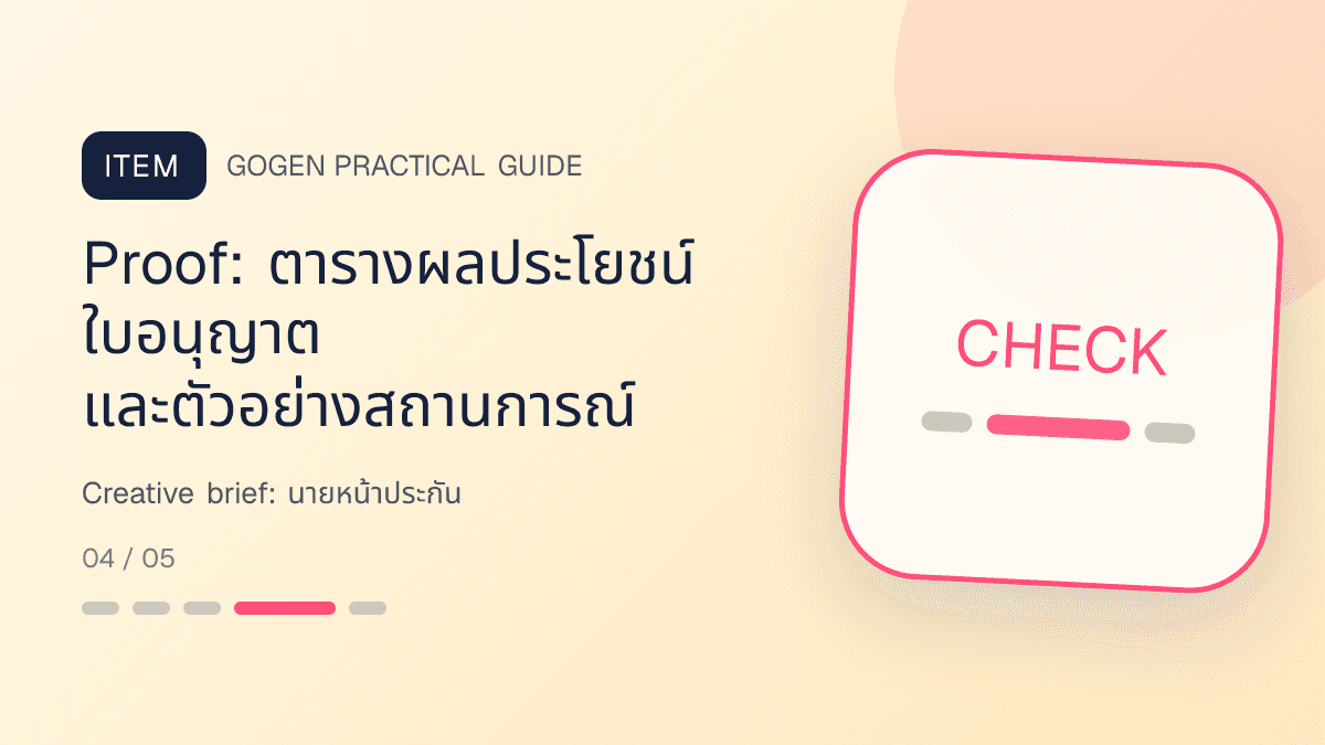 Creative briefสำหรับนายหน้าประกัน แสดงประกันชีวิต สุขภาพ รถ และทรัพย์สินในสไตล์จริงใจ เป็นระบบ และลดความซับซ้อน: Proof: ตารางผลประโยชน์ ใบอนุญาต และตัวอย่างสถานการณ์
