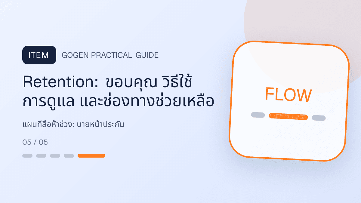 แผนที่สื่อห้าช่วงสำหรับนายหน้าประกัน แสดงประกันชีวิต สุขภาพ รถ และทรัพย์สินในสไตล์จริงใจ เป็นระบบ และลดความซับซ้อน: Retention: ขอบคุณ วิธีใช้ การดูแล และช่องทางช่วยเหลือ