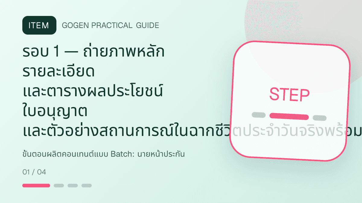 ขั้นตอนผลิตคอนเทนต์แบบ Batchสำหรับนายหน้าประกัน แสดงประกันชีวิต สุขภาพ รถ และทรัพย์สินในสไตล์จริงใจ เป็นระบบ และลดความซับซ้อน: รอบ 1 — ถ่ายภาพหลัก รายละเอียด และตารางผลประโยชน์ ใบอนุญาต และตัวอย่างสถานการณ์ในฉากชีวิตประจำวันจริงพร้อมกราฟิกข้อมูลที่อ่านง่าย