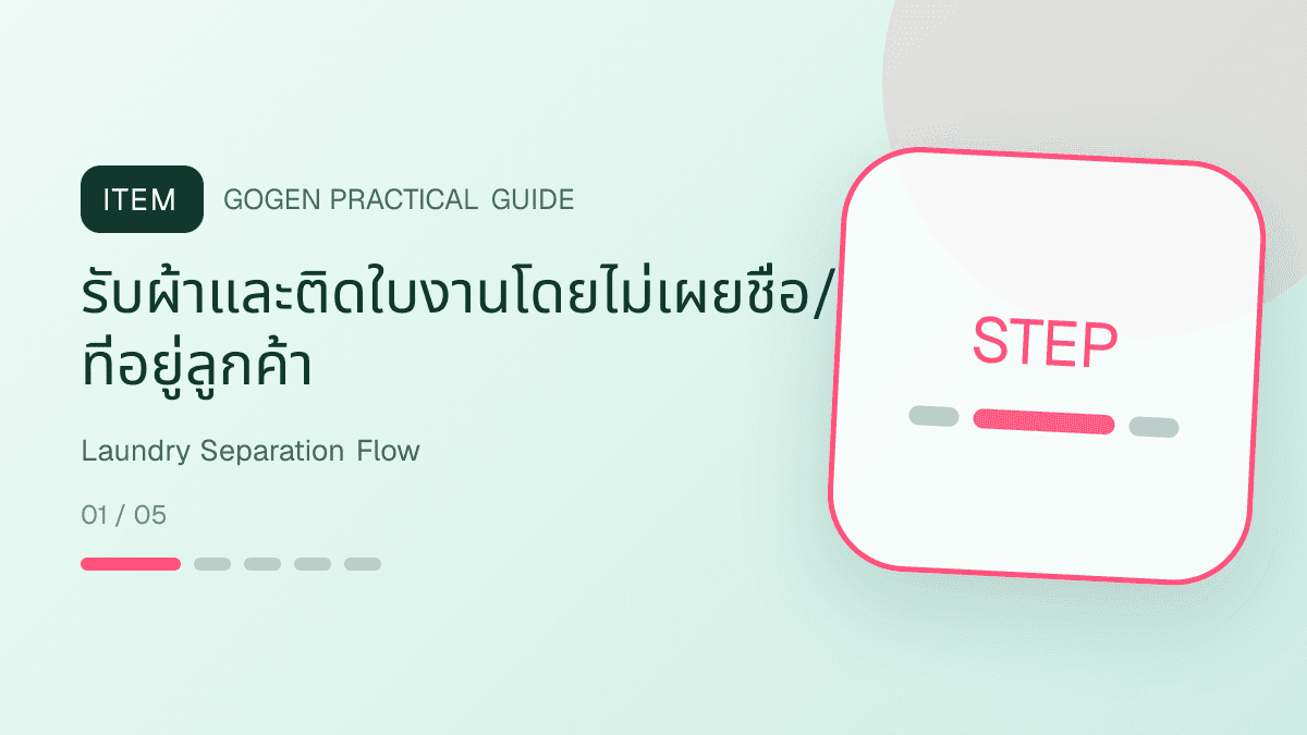 ไดอะแกรมขั้นตอนแยกผ้า ชั่งน้ำหนัก ติดใบงาน ซัก อบ พับ และบรรจุถุง: รับผ้าและติดใบงานโดยไม่เผยชื่อ/ที่อยู่ลูกค้า