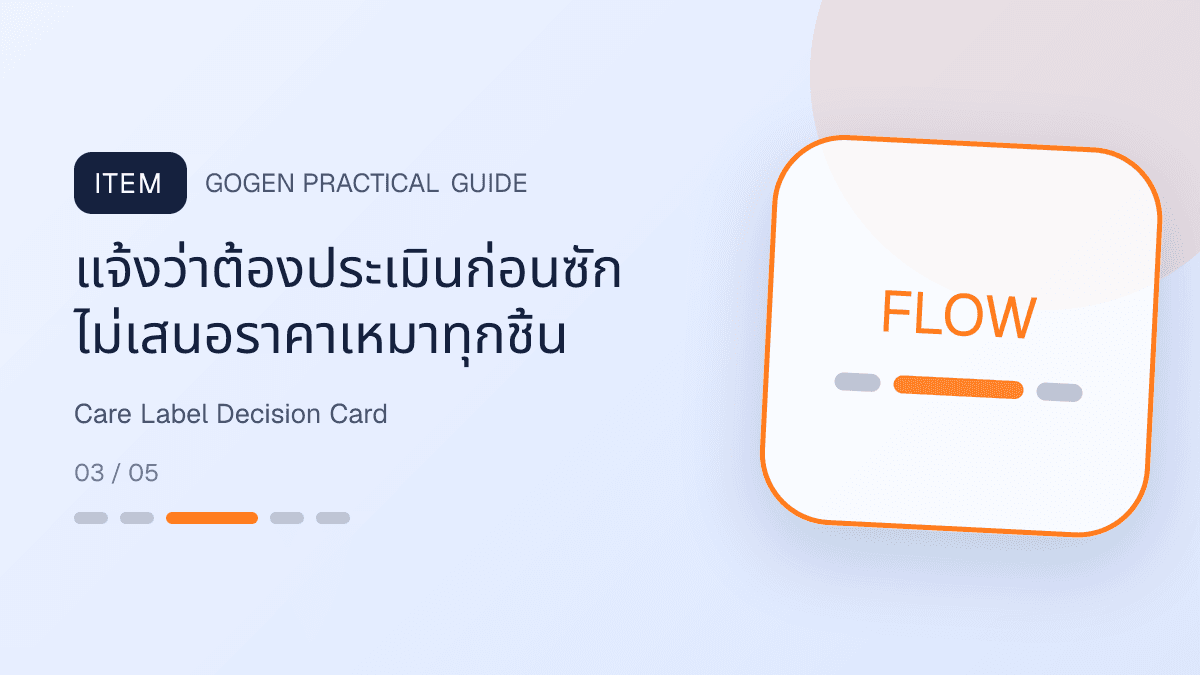 การ์ดตัดสินใจผ้าพิเศษจากป้าย care label วัสดุ สีตก อะไหล่ และคราบ: แจ้งว่าต้องประเมินก่อนซัก ไม่เสนอราคาเหมาทุกชิ้น