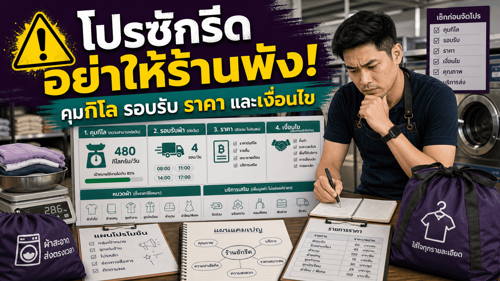 โปรซักรีดอย่าให้ร้านพัง! แผนแคมเปญที่คุมกิโล รอบรับ ราคา และเงื่อนไขผ้า