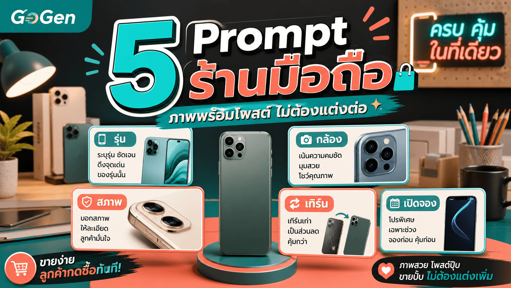 ห้ามโพสต์มือถือแบบเดา ๆ! 5 Prompt ร้านมือถือพร้อมภาพ ตัวหนังสือ และ CTA จบในไฟล์เดียว