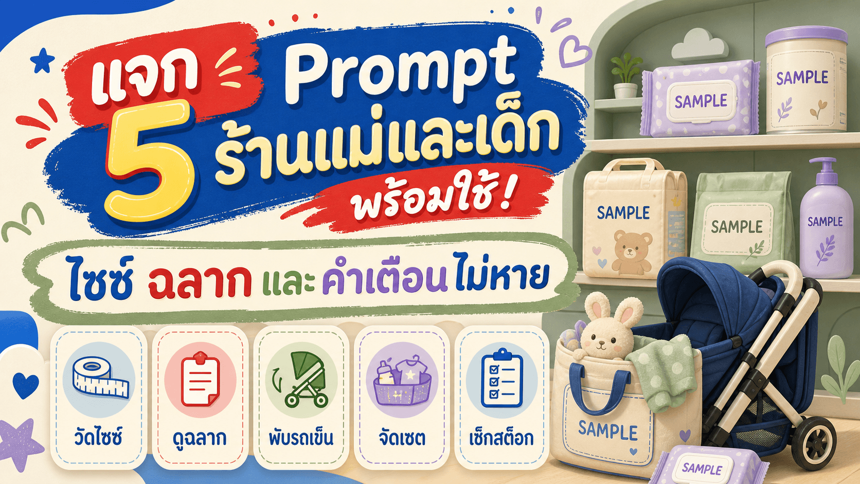แจก 5 Prompt ร้านแม่และเด็กพร้อมใช้! ภาพน่ารักแต่ไซซ์ ฉลาก และคำเตือนไม่หาย