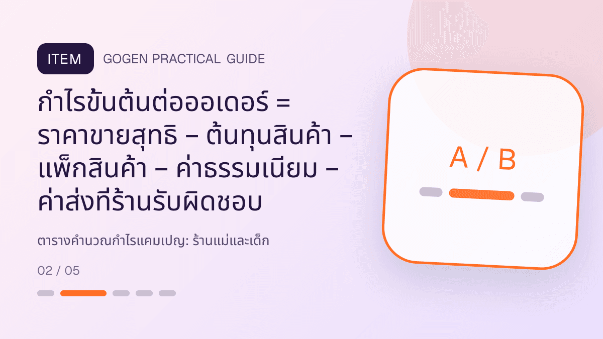 ตารางคำนวณกำไรแคมเปญสำหรับร้านแม่และเด็ก แสดงเสื้อผ้าเด็ก ของใช้ และอุปกรณ์ดูแลเด็กในสไตล์อ่อนโยน ปลอดภัย และอ่านง่าย: กำไรขั้นต้นต่อออเดอร์ = ราคาขายสุทธิ − ต้นทุนสินค้า − แพ็กสินค้า − ค่าธรรมเนียม − ค่าส่งที่ร้านรับผิดชอบ