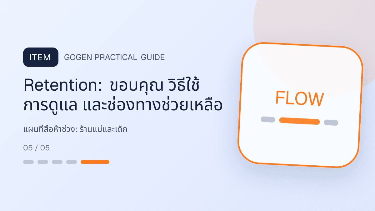 แผนที่สื่อห้าช่วงสำหรับร้านแม่และเด็ก แสดงเสื้อผ้าเด็ก ของใช้ และอุปกรณ์ดูแลเด็กในสไตล์อ่อนโยน ปลอดภัย และอ่านง่าย: Retention: ขอบคุณ วิธีใช้ การดูแล และช่องทางช่วยเหลือ