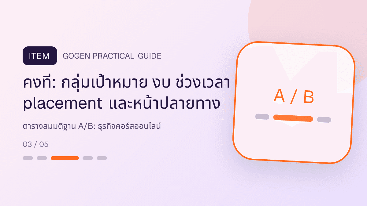 ตารางสมมติฐาน A/Bสำหรับธุรกิจคอร์สออนไลน์ แสดงคอร์สเรียน เวิร์กช็อป และชุดความรู้ในสไตล์ชัดเจน กระตุ้นการเรียนรู้ และดูเป็นผู้เชี่ยวชาญ: คงที่: กลุ่มเป้าหมาย งบ ช่วงเวลา placement และหน้าปลายทาง