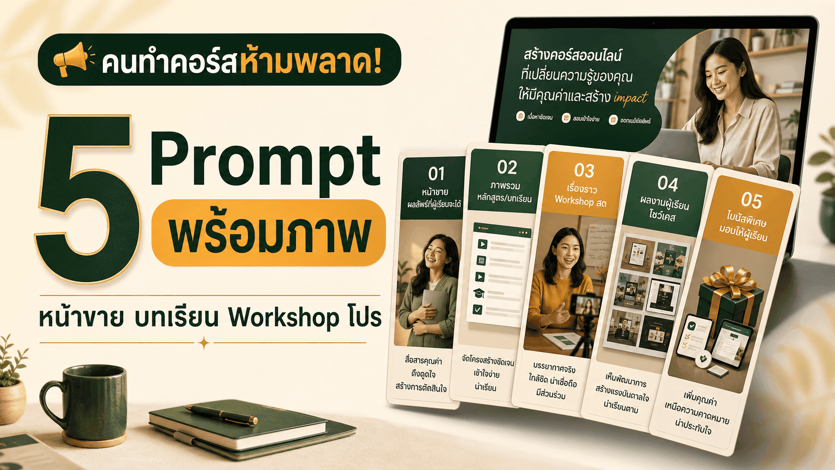 คนทำคอร์สห้ามพลาด! 5 Prompt พร้อมภาพ ทำหน้าขาย บทเรียน Workshop ผลงาน และโปรเปิดรับ