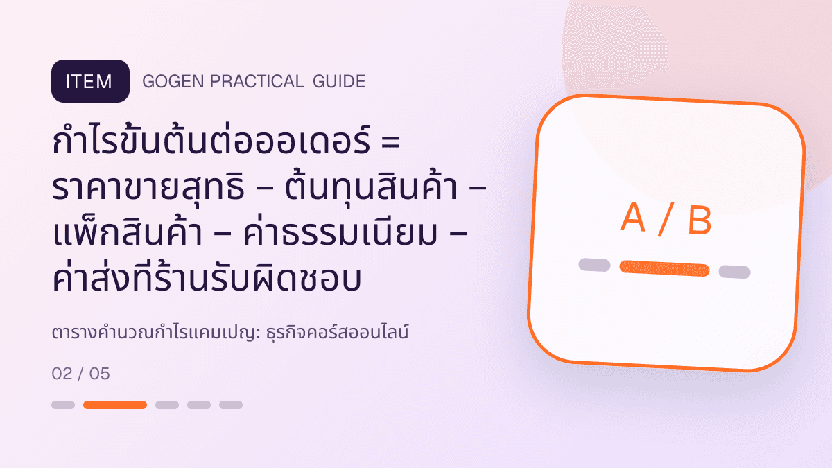 ตารางคำนวณกำไรแคมเปญสำหรับธุรกิจคอร์สออนไลน์ แสดงคอร์สเรียน เวิร์กช็อป และชุดความรู้ในสไตล์ชัดเจน กระตุ้นการเรียนรู้ และดูเป็นผู้เชี่ยวชาญ: กำไรขั้นต้นต่อออเดอร์ = ราคาขายสุทธิ − ต้นทุนสินค้า − แพ็กสินค้า − ค่าธรรมเนียม − ค่าส่งที่ร้านรับผิดชอบ