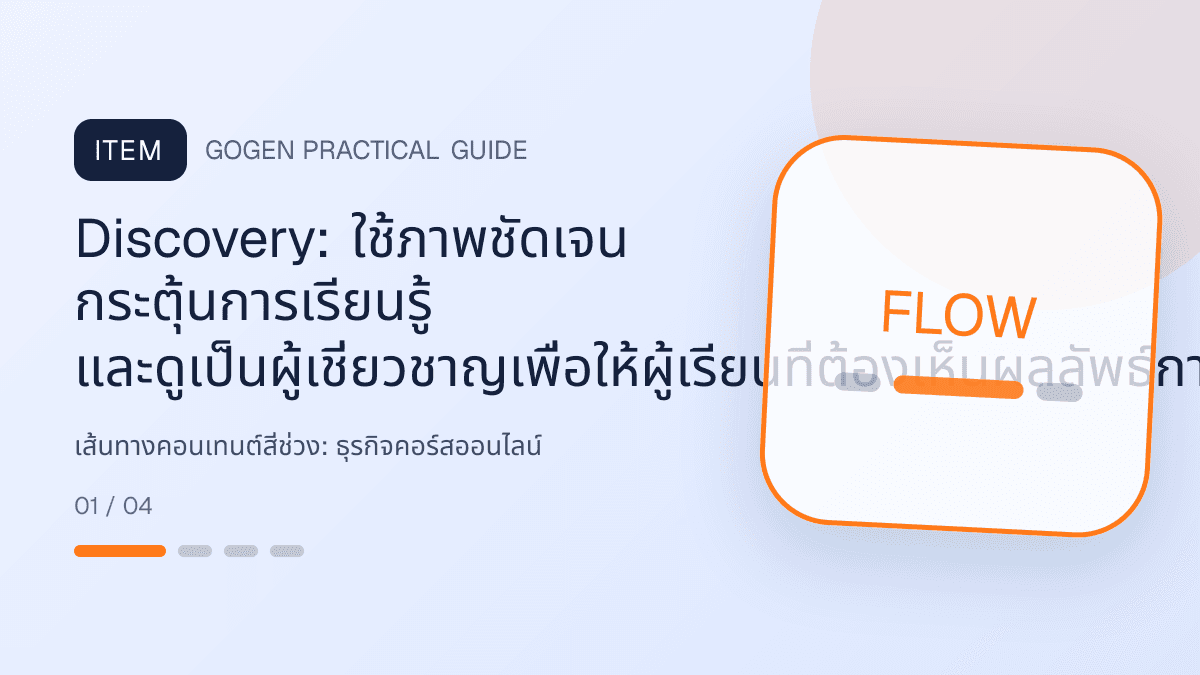 เส้นทางคอนเทนต์สี่ช่วงสำหรับธุรกิจคอร์สออนไลน์ แสดงคอร์สเรียน เวิร์กช็อป และชุดความรู้ในสไตล์ชัดเจน กระตุ้นการเรียนรู้ และดูเป็นผู้เชี่ยวชาญ: Discovery: ใช้ภาพชัดเจน กระตุ้นการเรียนรู้ และดูเป็นผู้เชี่ยวชาญเพื่อให้ผู้เรียนที่ต้องเห็นผลลัพธ์การเรียนและความเหมาะสมกับระดับตนหยุดดู