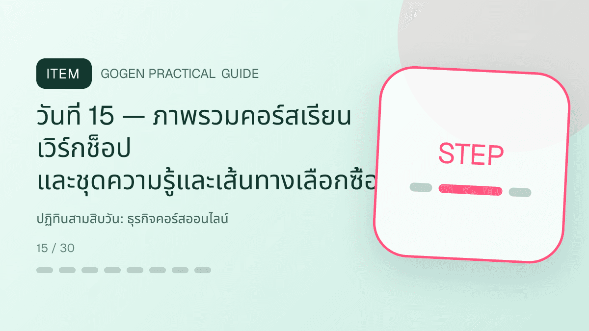 ปฏิทินสามสิบวันสำหรับธุรกิจคอร์สออนไลน์ แสดงคอร์สเรียน เวิร์กช็อป และชุดความรู้ในสไตล์ชัดเจน กระตุ้นการเรียนรู้ และดูเป็นผู้เชี่ยวชาญ: วันที่ 15 — ภาพรวมคอร์สเรียน เวิร์กช็อป และชุดความรู้และเส้นทางเลือกซื้อ